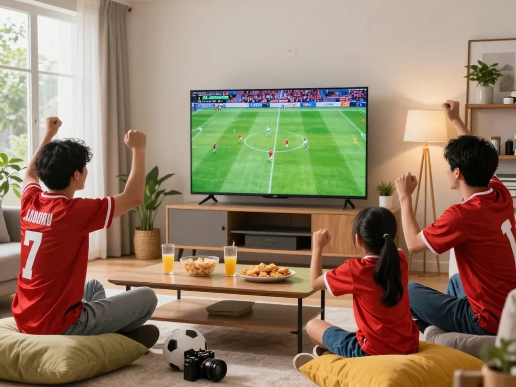 Người hâm mộ cổ vũ khi xem bóng đá trực tiếp trên LuongSonTV trong một không gian phòng khách ấm cúng.