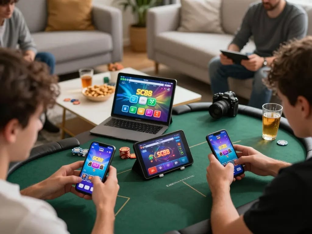 Players enjoying poker on SC88 app in a cozy setting, showcasing vibrant gameplay.