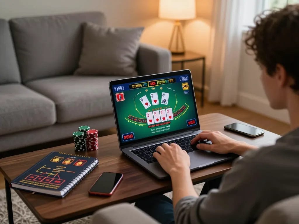 Engaging in online blackjack at home with nk88 link available for easy access.