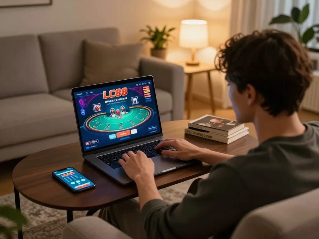 Person engaged in online gaming on LC88 platform, showcasing immersive poker gameplay at home.