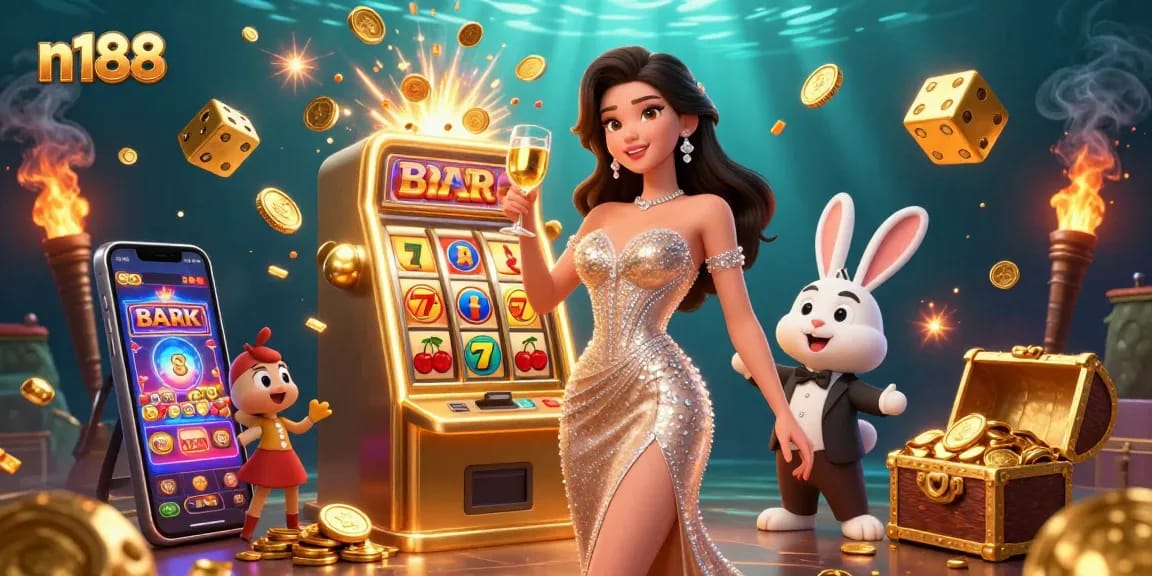 Experience n188 casino excitement with a glamorous woman celebrating beside a huge jackpot slot machine.