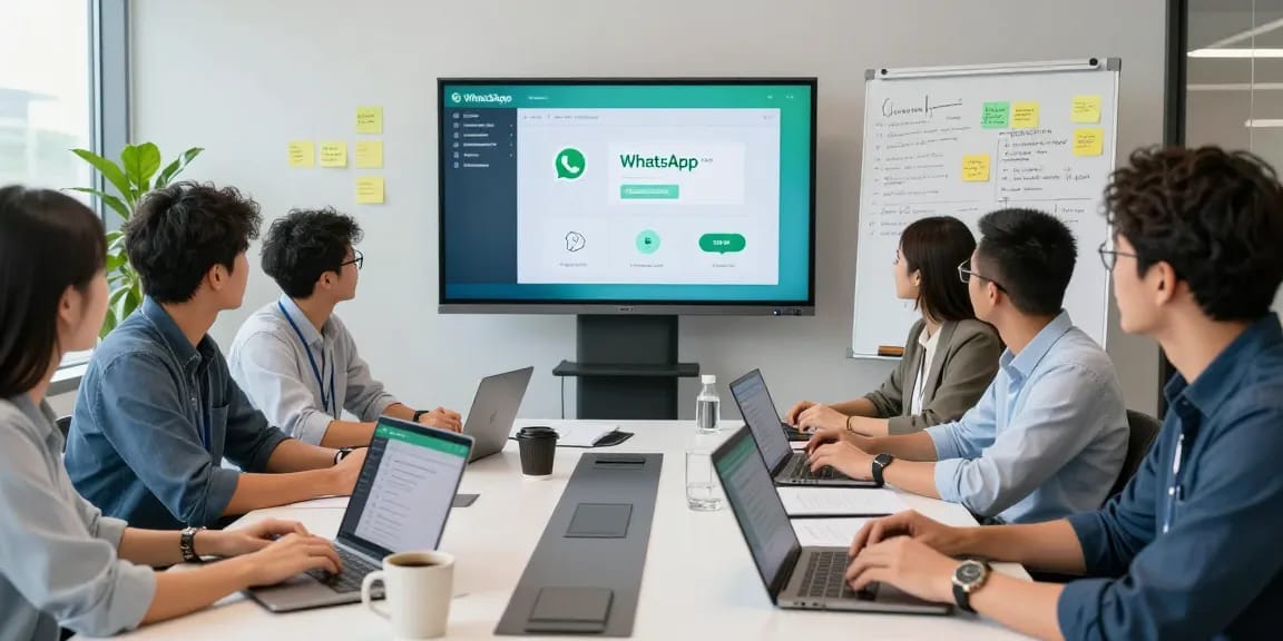 Team collaborating using WhatsApp網頁版 in a modern office setting, showcasing effective digital communication.