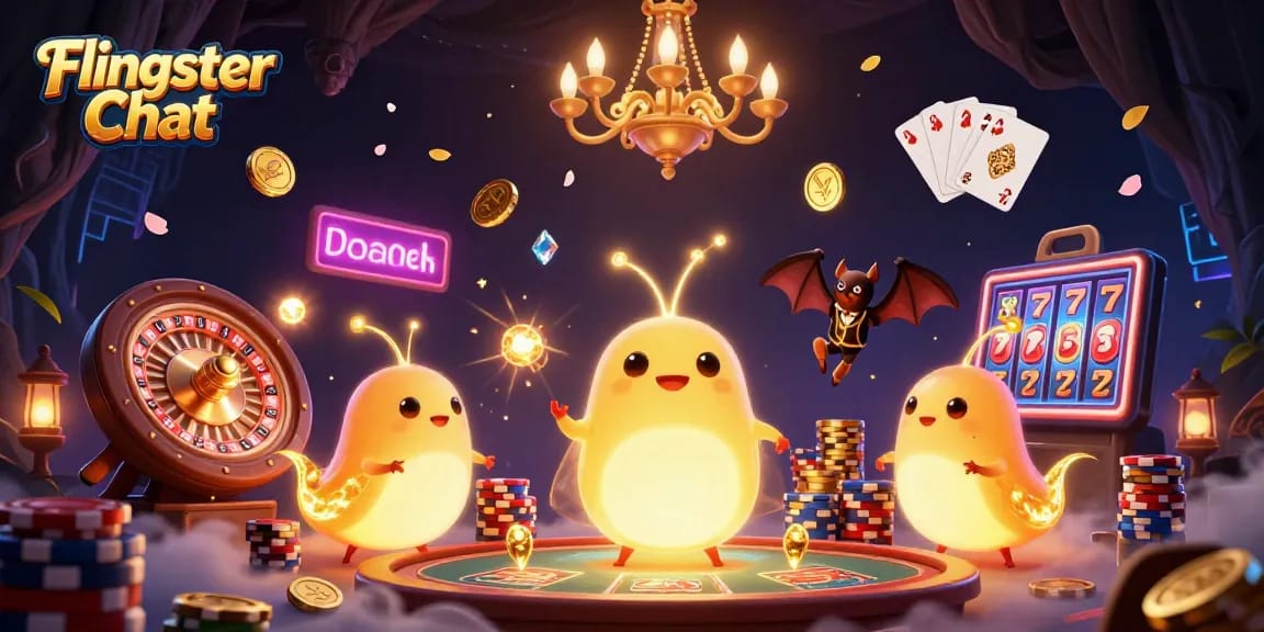 Experience Flingster Chat with animated glowworms lighting a vibrant cave casino scene.