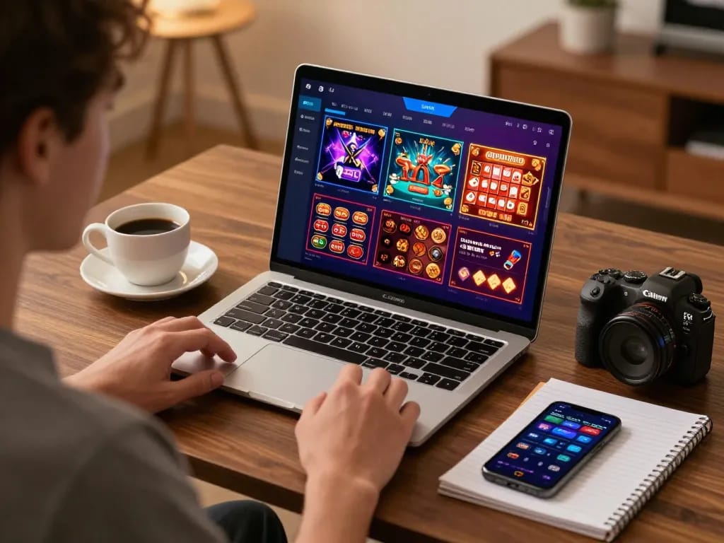 Engaged player enjoying 789 win online gaming on a laptop with strategy notes in a cozy setting.