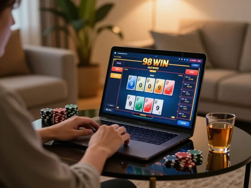 Playing Game Bài 98WIN on a laptop in a cozy living room with vibrant gameplay