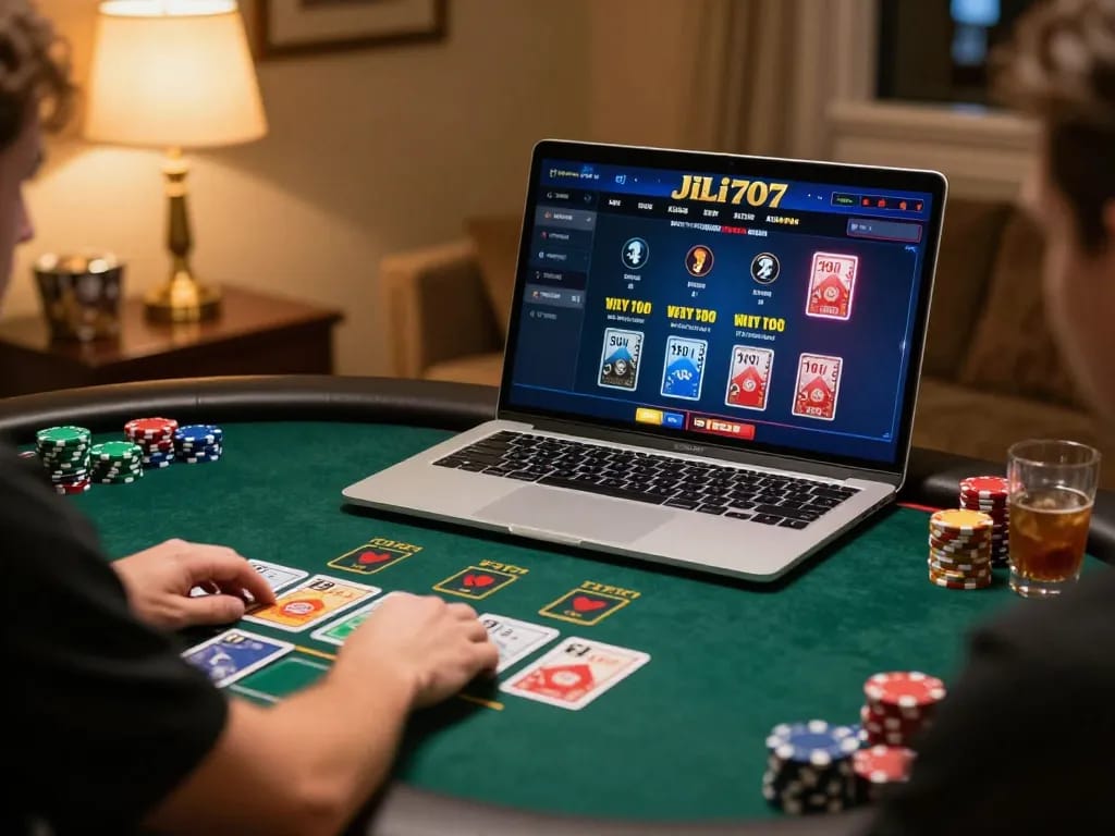 Experience thrilling blackjack action at Jili707 with strategic gameplay displayed on a laptop.