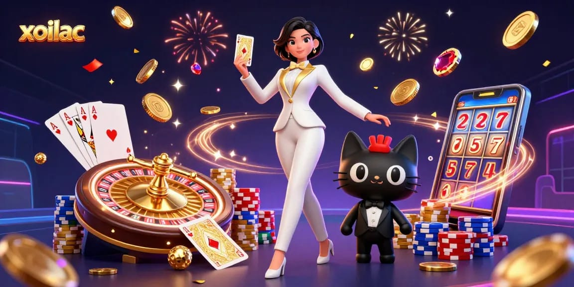 Xoilac enhances gaming excitement with a glamorous woman and a tuxedo cat amidst dynamic casino elements.