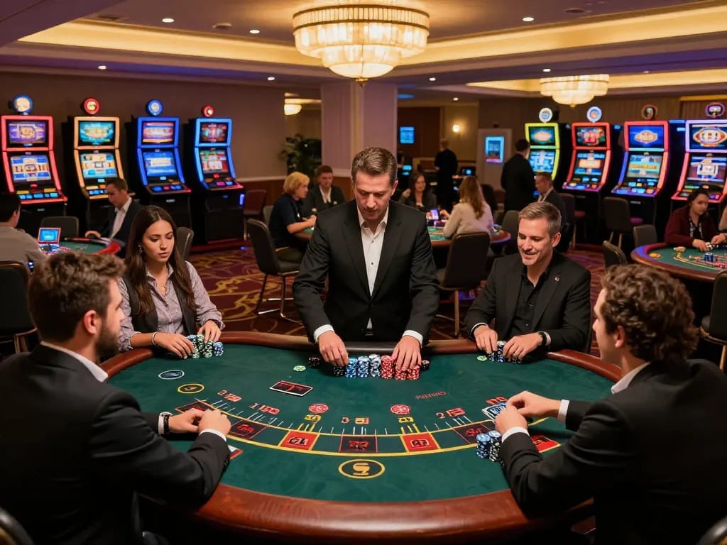 Players engage in blackjack at a b52 casino with vibrant atmosphere and dealer managing bets.
