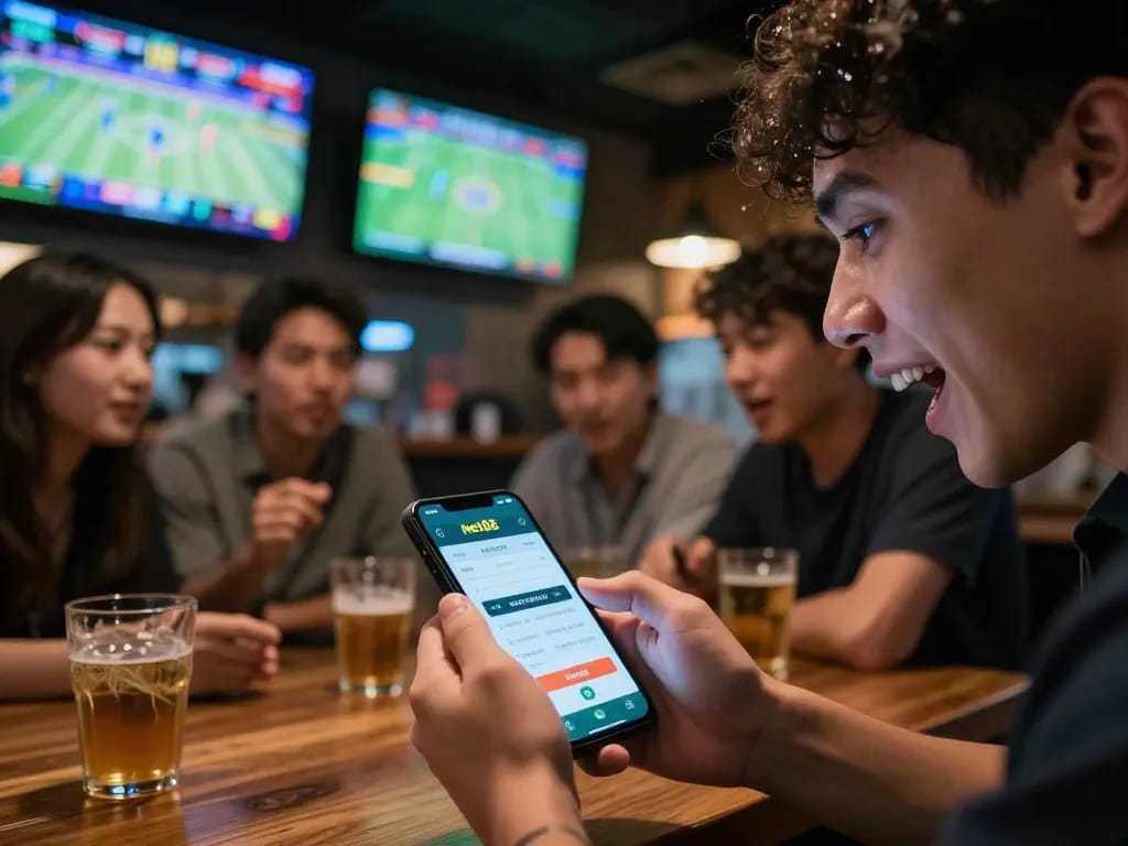 Person engaging with the net88 betting app on smartphone during a lively sports event, creating an exciting gambling atmosphere