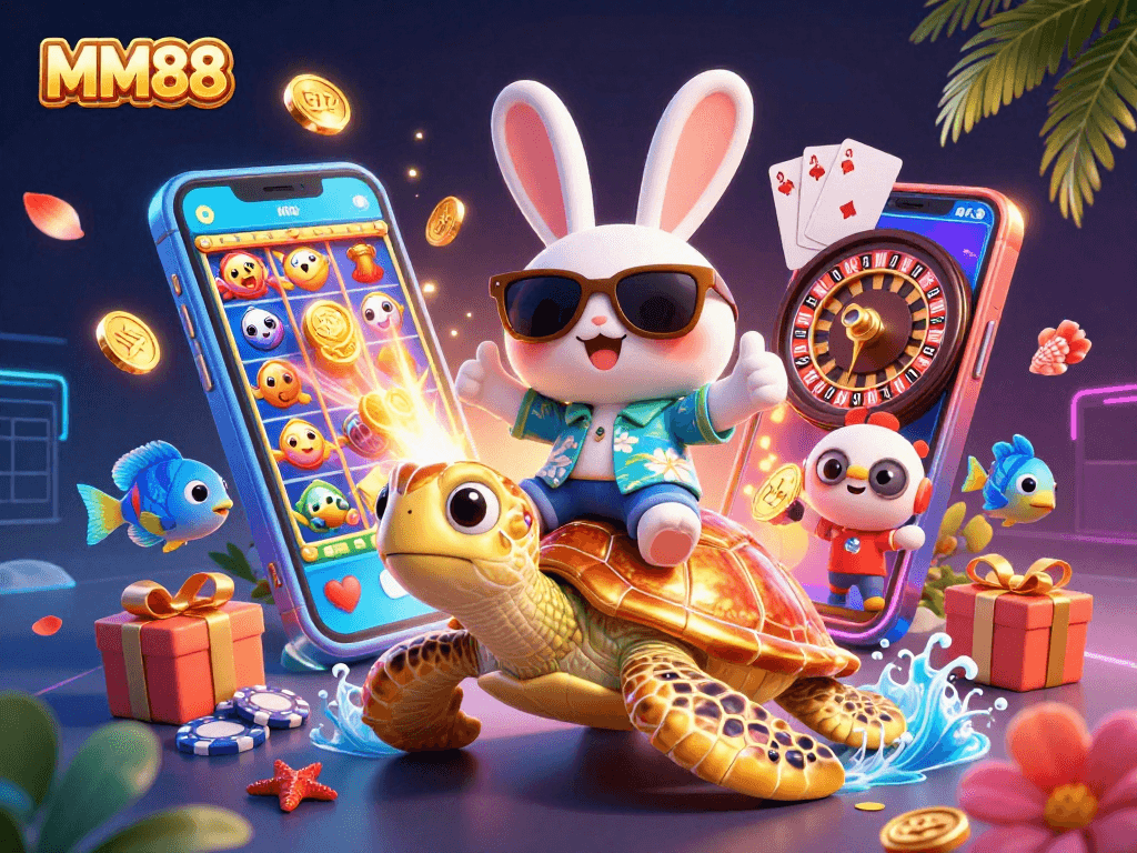 Experience MM88 excitement with cartoon characters, vibrant casino elements, and vivid backgrounds.