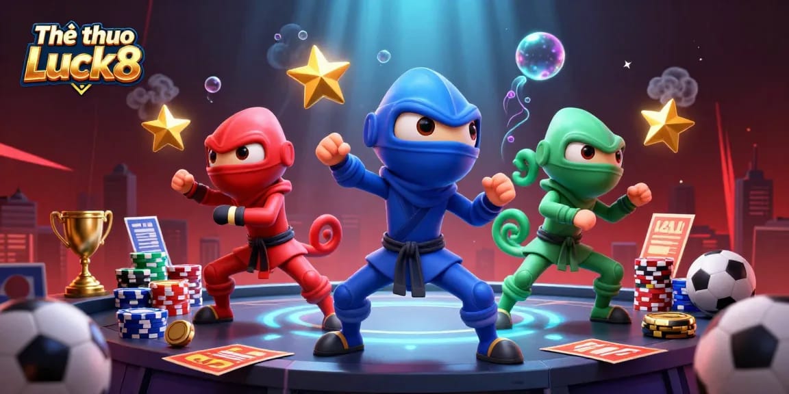 Engage with Thể thao Luck8 in a vibrant casino scene showcasing ninja chameleons and sports betting elements.