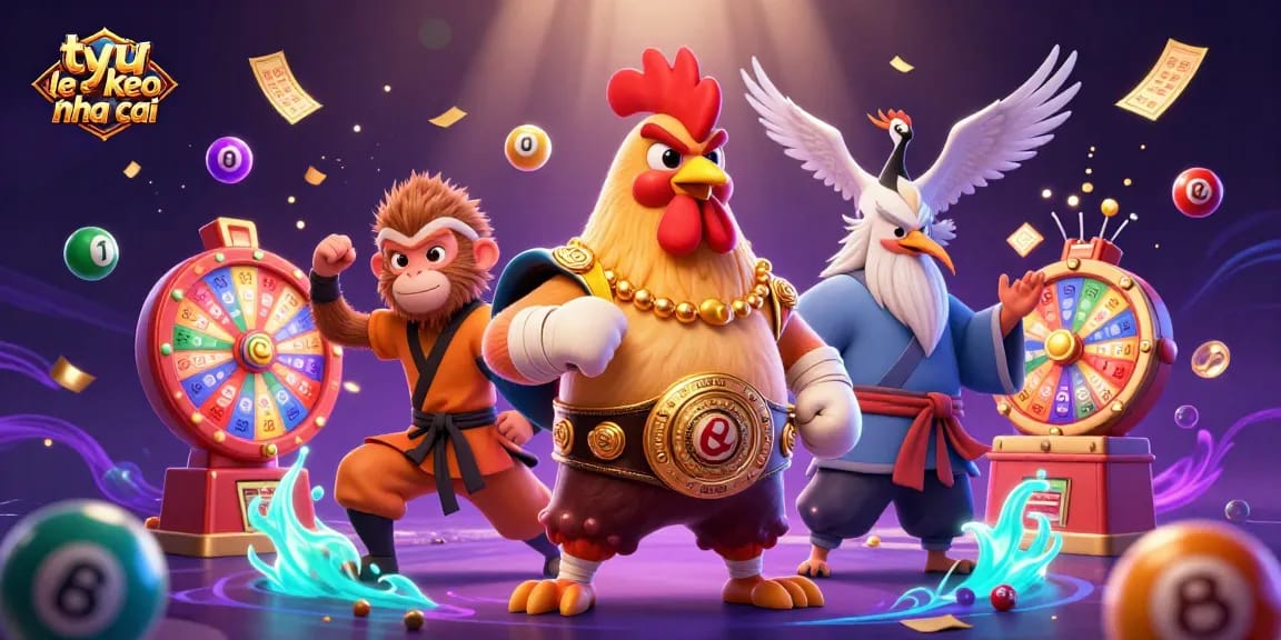 Engage with "ty le keo nha cai" through dynamic betting elements featuring vibrant characters and lottery themes.