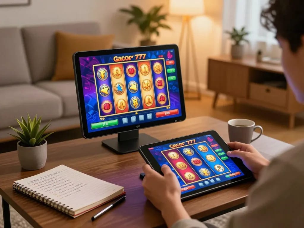 Playing slot gacor 777 on a tablet in a cozy home environment, showcasing winning reels and betting strategies.