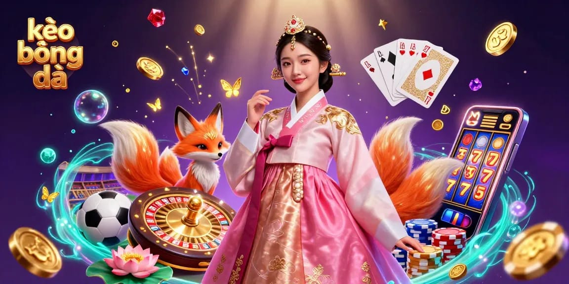 Bet on kèo bóng đá with a dynamic scene featuring a graceful Asian woman and lucky fox in a vibrant casino.