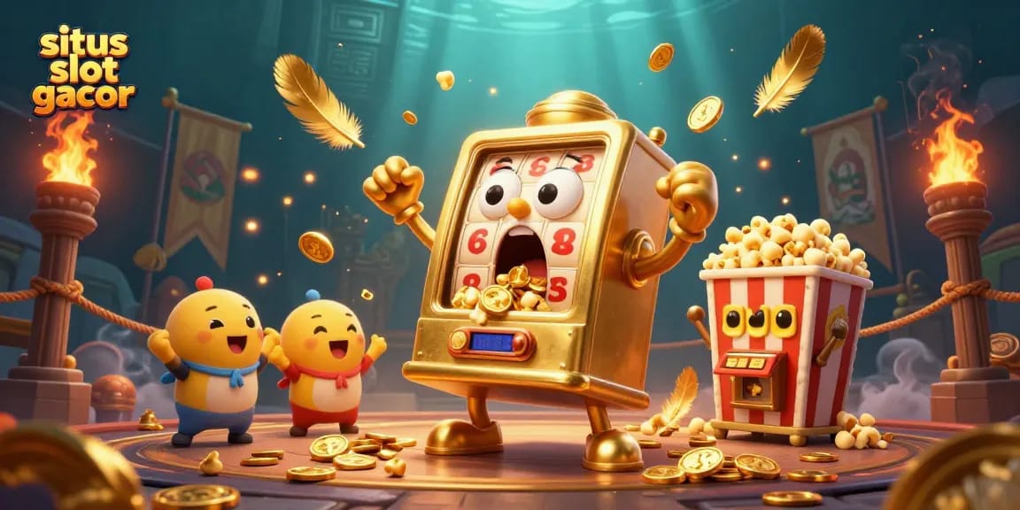 Experience the situs slot gacor with golden slot machines celebrating a jackpot amidst dynamic casino elements.