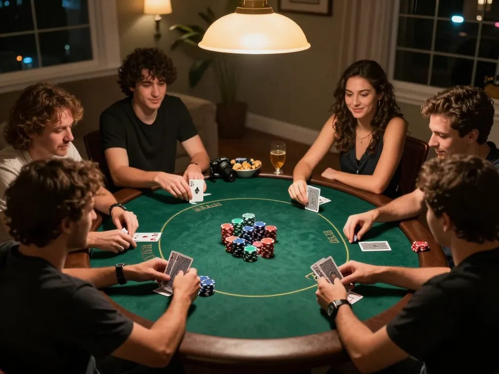 79 king players engage in a friendly poker game around a table, showcasing strategy and excitement.