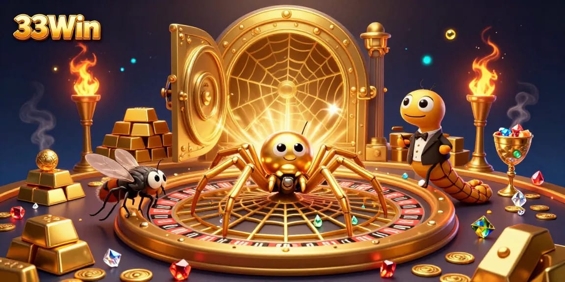 Engage in thrilling gaming at 33Win, featuring a golden spider and roulette wheel in an extravagant illustration.