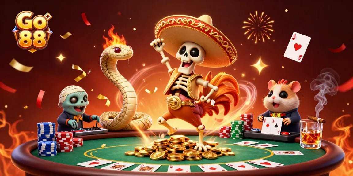 Experience thrilling antics with the Go 88 characters celebrating casino fun and poker excitement!