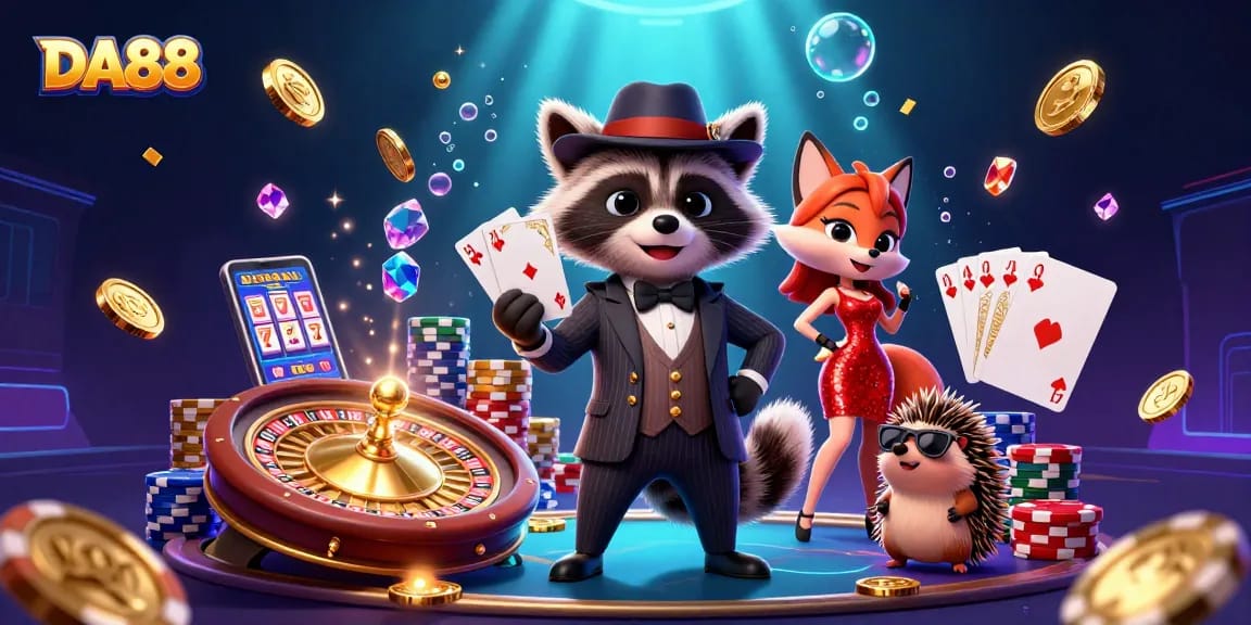 Experience the excitement of DA88 with raccoon, fox, and hedgehog amidst casino chaos.