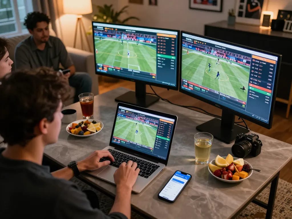 Person analyzing bets in a cozy sports betting setup, inspired by studentvoiceaustralia for winning strategies