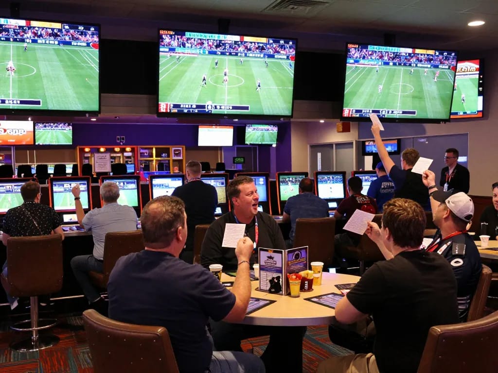 Betting on sports at a vibrant keonhacaii sportsbook with fans cheering and screens showing live events