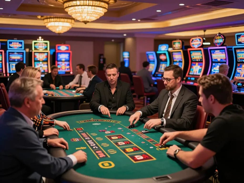 Experiencing the excitement of LUCK8 com trang chủ with vibrant casino activity, players immersed in gambling.