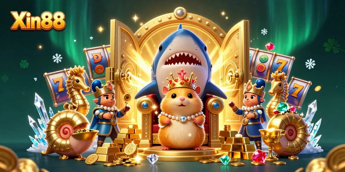 Experience thrilling gameplay at Xin88 with a golden hamster king amidst rich casino treasures.