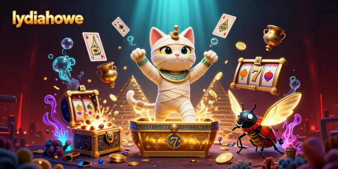 Lydiahowe showcases a vibrant 3D cartoon scene with a mummy cat and gambling treasures bursting in a pyramid casino.
