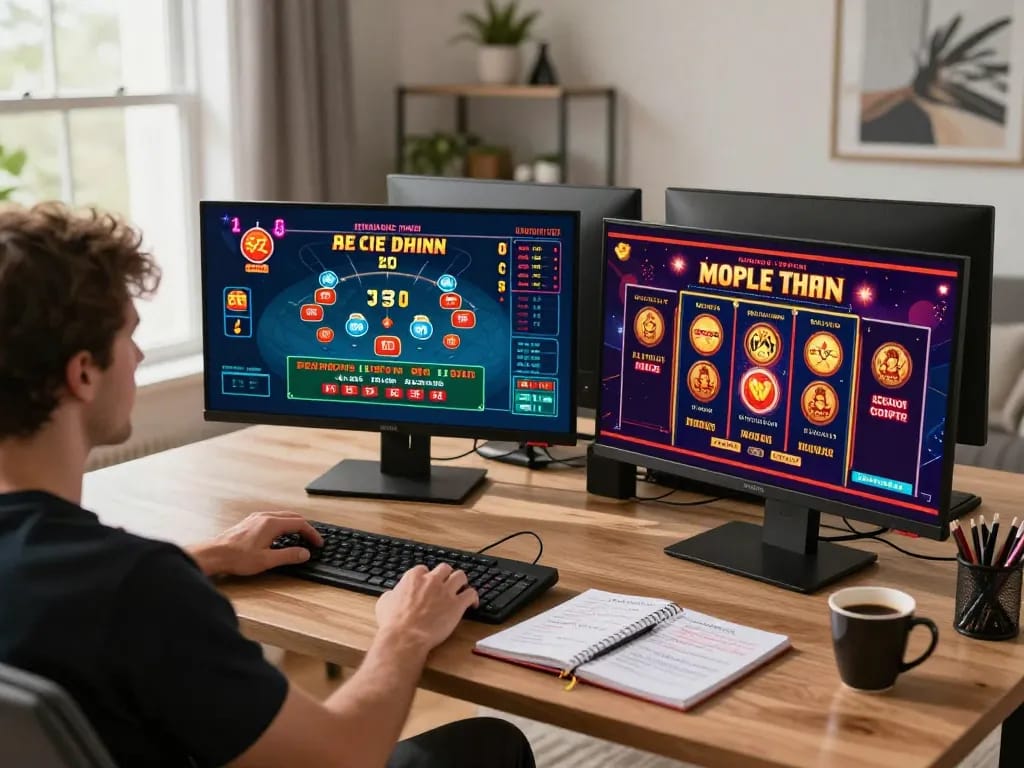 Engaging online gaming moment with sunwingo app displayed on multiple screens and strategic notes visible.