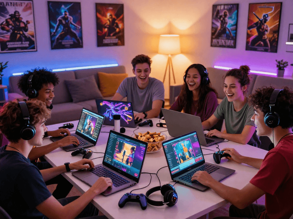 Group enjoying sex game online with laptops and vibrant atmosphere in cozy gaming setup.
