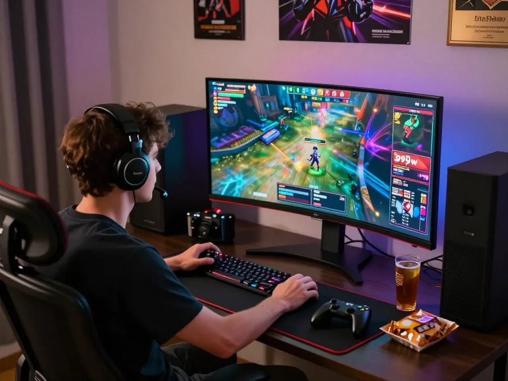 Immersive gaming session showcasing 399W casino gameplay with dynamic lighting and an engaged gamer.