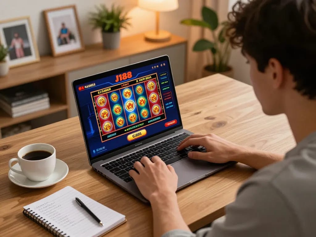 An engaged player logging in to J188 online casino from a cozy home setup, with gaming strategy notes visible.