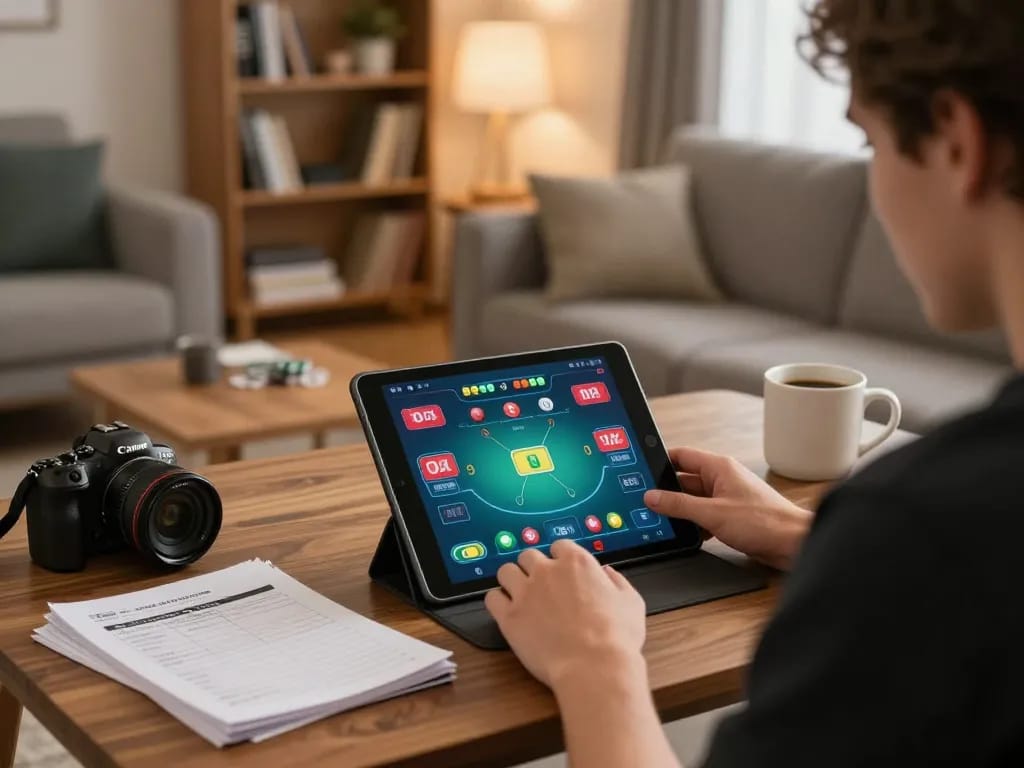 B52club player enjoying mobile poker game experience at home with strategic notes and tablet