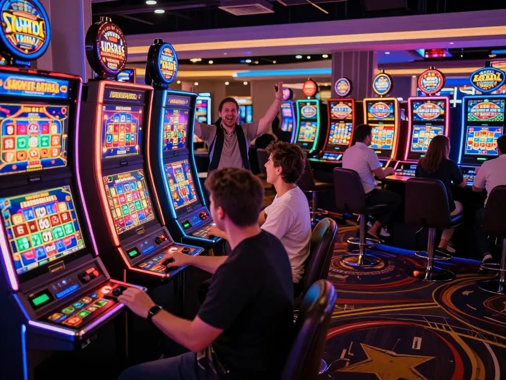 Engaged players enjoying the thrill of SLOT machines at a vibrant casino floor.