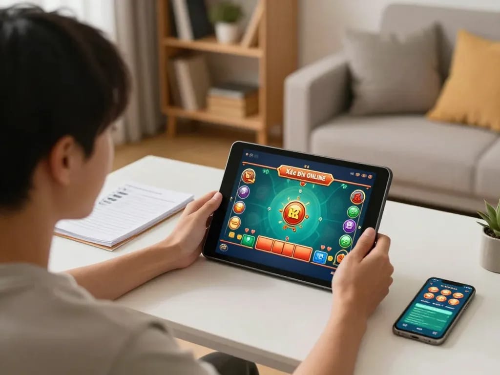 Xóc Đĩa Online gameplay on tablet shows colorful betting options while user engages in strategy.