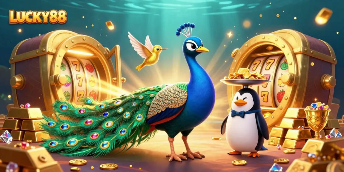 Win big with LUCKY88 in this vibrant 3D casino-themed artwork filled with gold and gems.