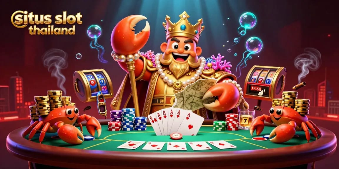 Situs slot thailand showcases a vibrant gambling scene with golden crab emperor, poker elements, and colorful slot designs.