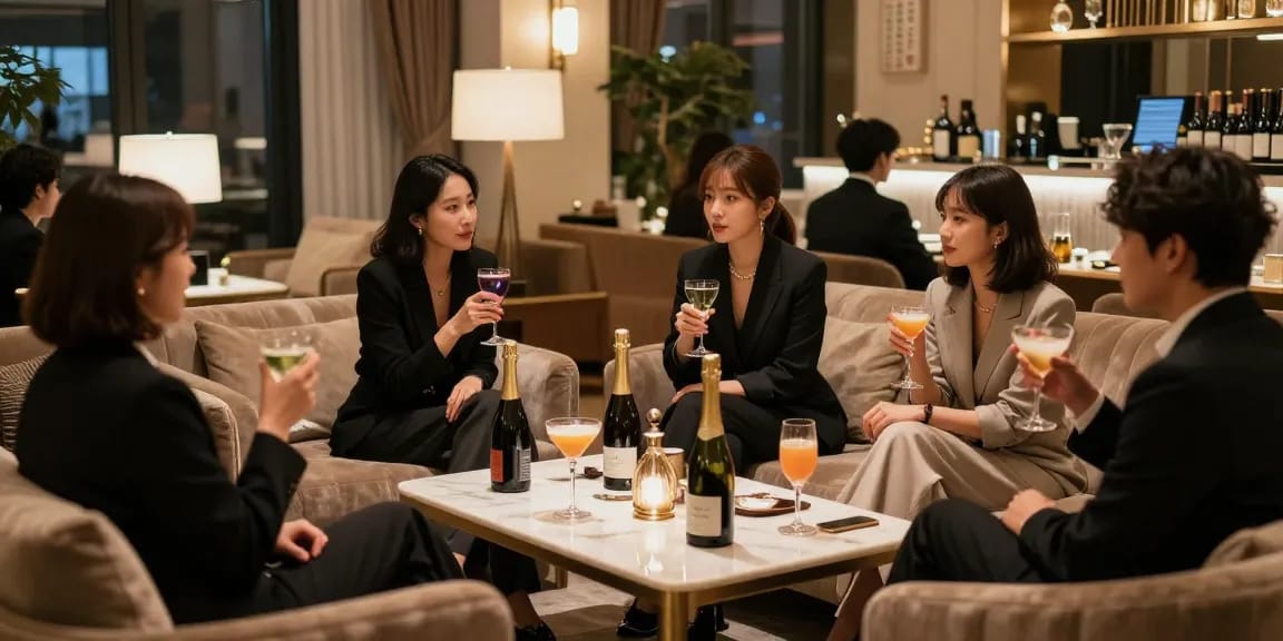 강남블랜딩에서 고급스러운 분위기 속 친구들과 즐거운 대화를 나누는 장면