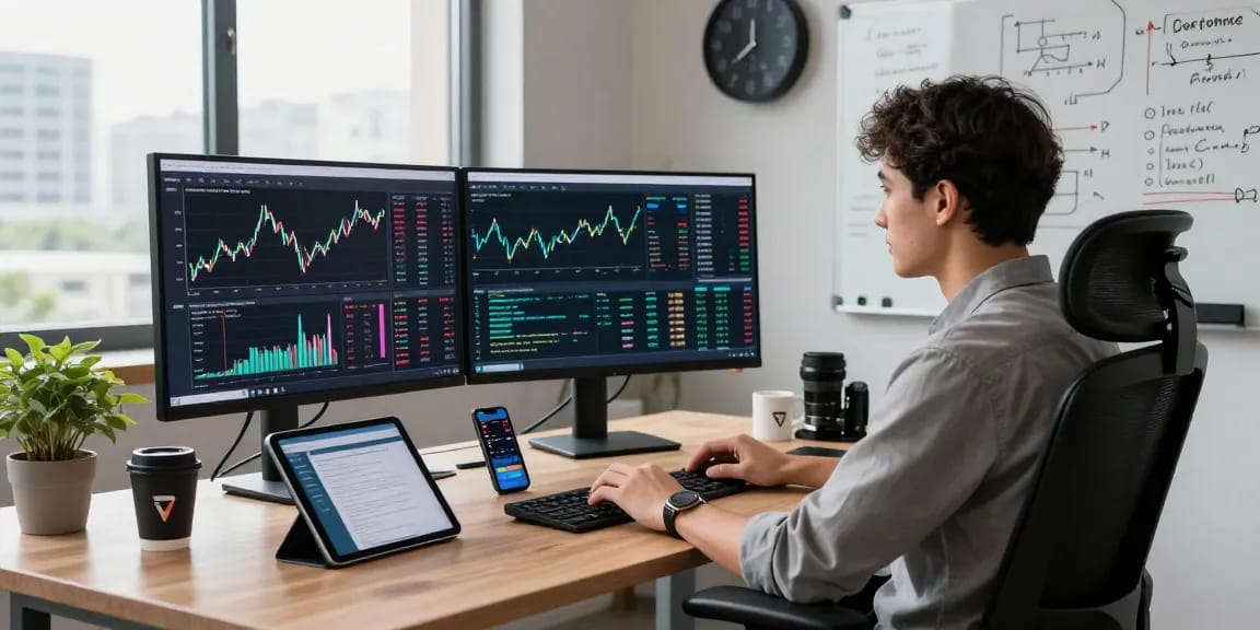 Developer analyzing a multi-exchange data interface in a modern workspace with real-time financial analytics.