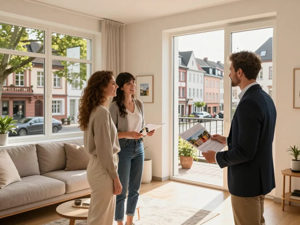Immobilienmakler Frankfurt Dornbusch zeigt eine schöne Wohnung und lädt potenzielle Käufer in eine lebendige Nachbarschaftsszene ein.