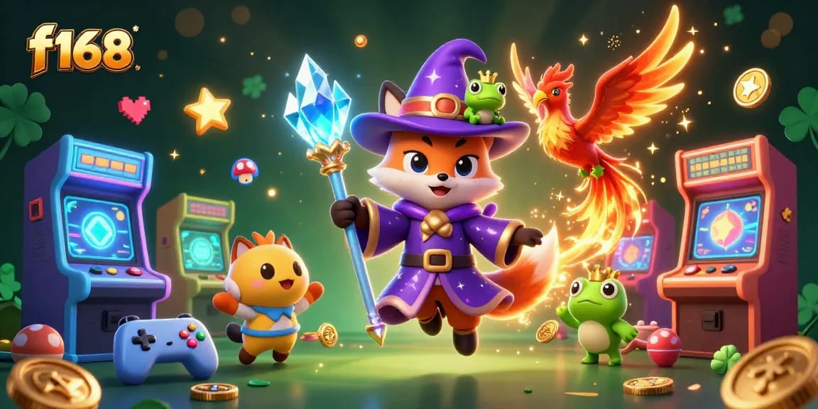 Engage in the dynamic world of f168 casino gaming with a mystical wizard and vibrant game elements.