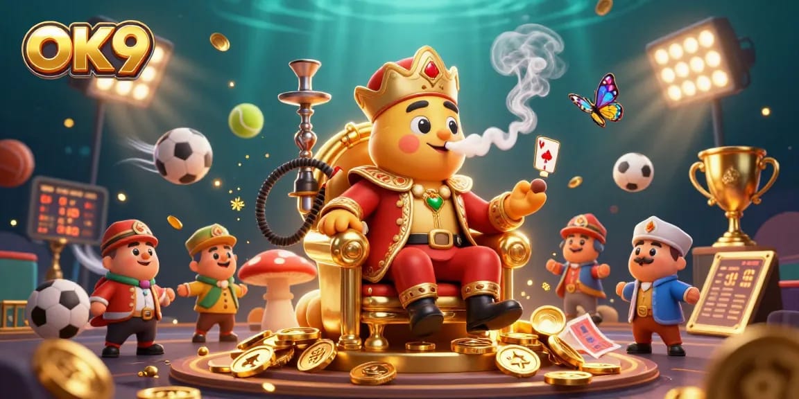 Experience the thrill of OK9 casino with vibrant sports and poker elements in 3D.