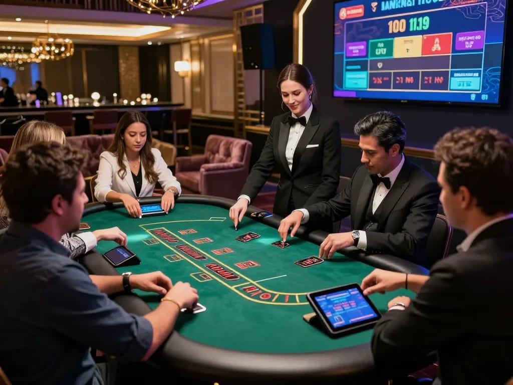 A live casino scene at https://ko66a.uk.com/ showcasing players engaging in Blackjack with professional dealers in a luxurious online gaming environment.