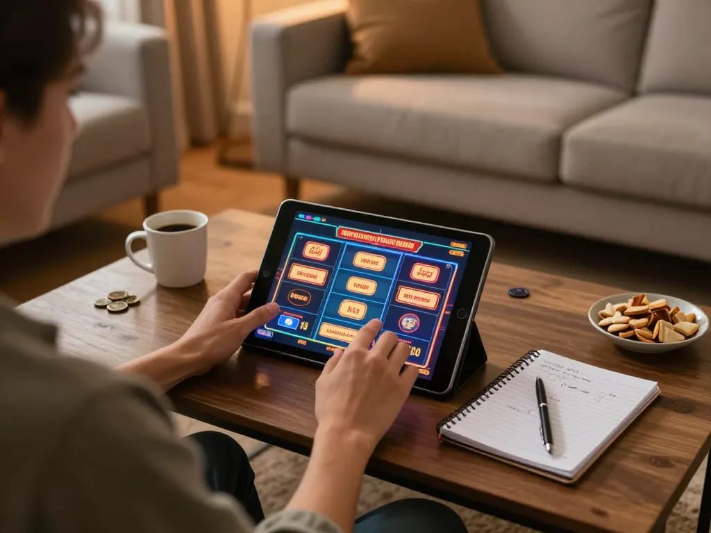 Player enjoying SC88 online slots on a tablet in a cozy living room, displaying strategic notes