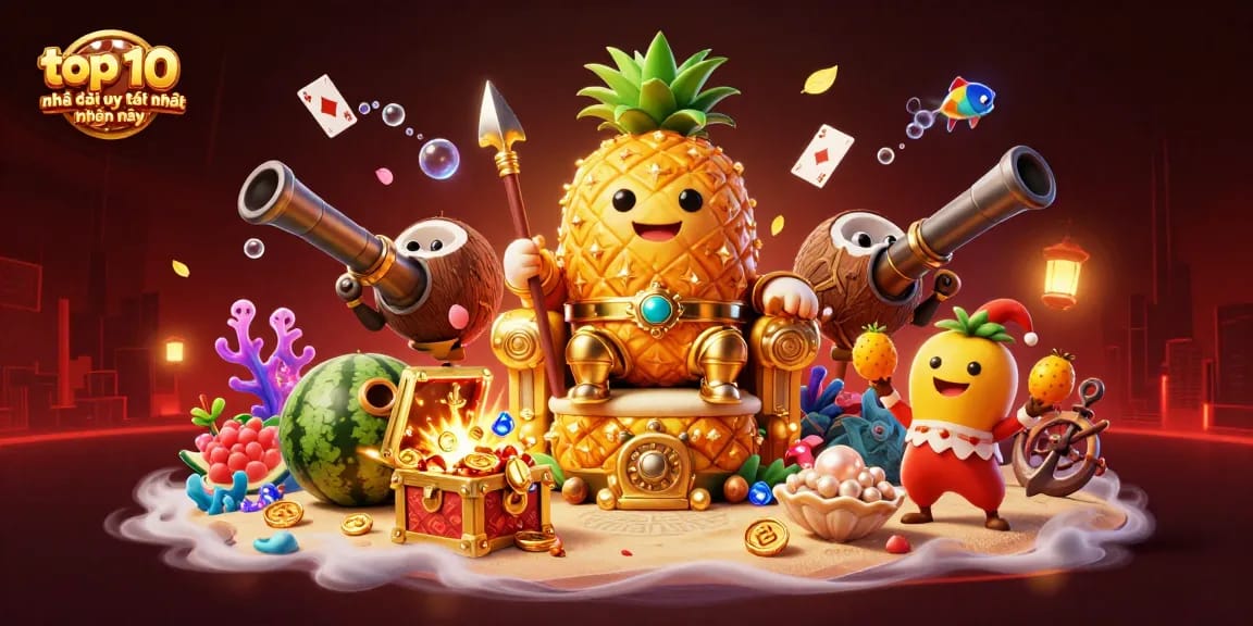 Engage with the top 10 nhà cái uy tín nhất hiện nay featuring colorful casino elements and characters in action.
