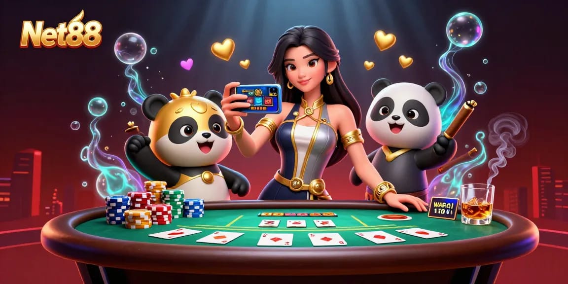 Net88's casino experience comes alive with a joyful woman playing, enriching gaming ambiance.