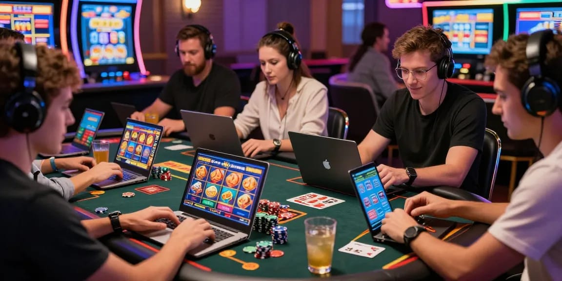 Faszinierende Spielatmosphäre in einem Paysafe Card Casino mit Spielern und lebhaften Bildschirmen.