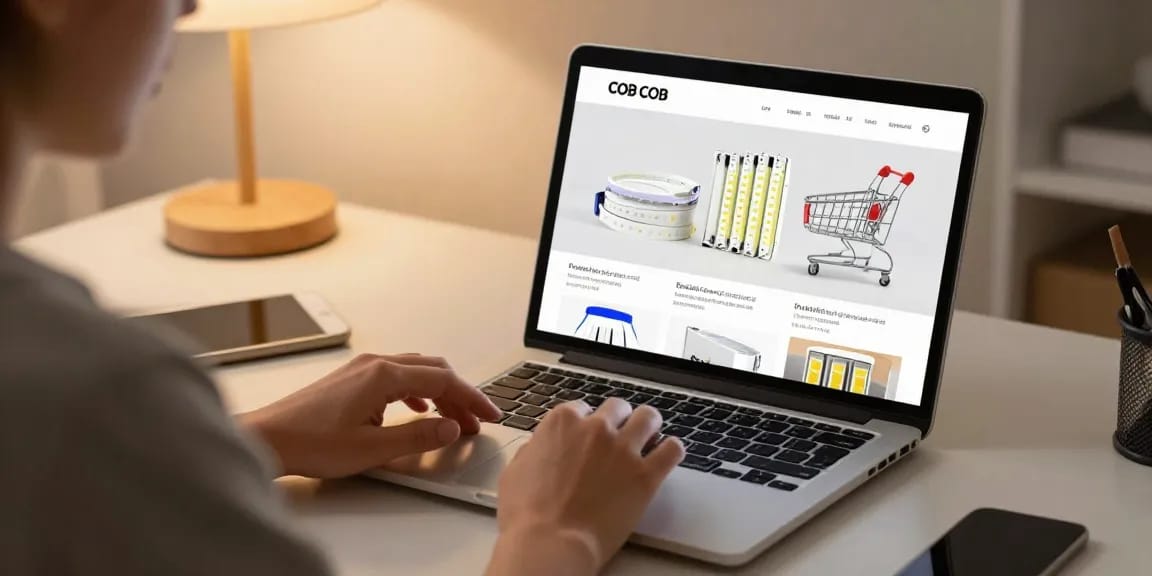 Femeie care navighează pe un site de e-commerce pentru benzi LED COB, descoperind cele mai bune oferte în shopping online.