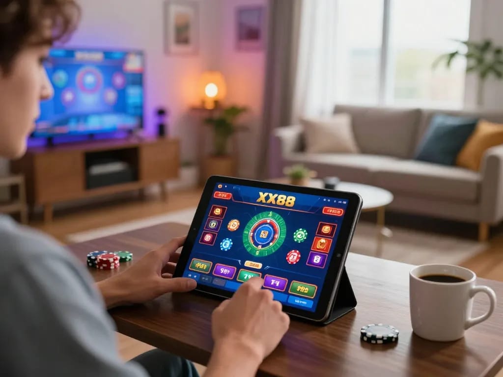 Engaging online gaming experience through XX88 platform with cozy setup and vibrant atmosphere.