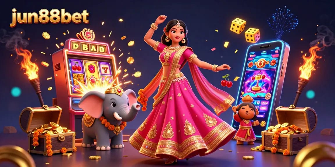 Experience thrilling gameplay at jun88bet with an exciting 3D casino scene featuring slot machines and vibrant colors.